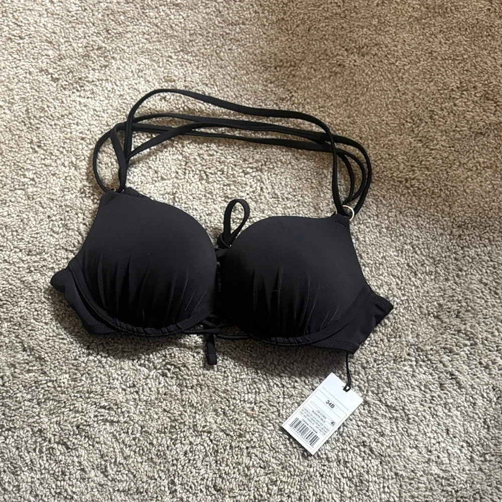 New Shade & Shore Black strappy crossover back swim bra size 34b